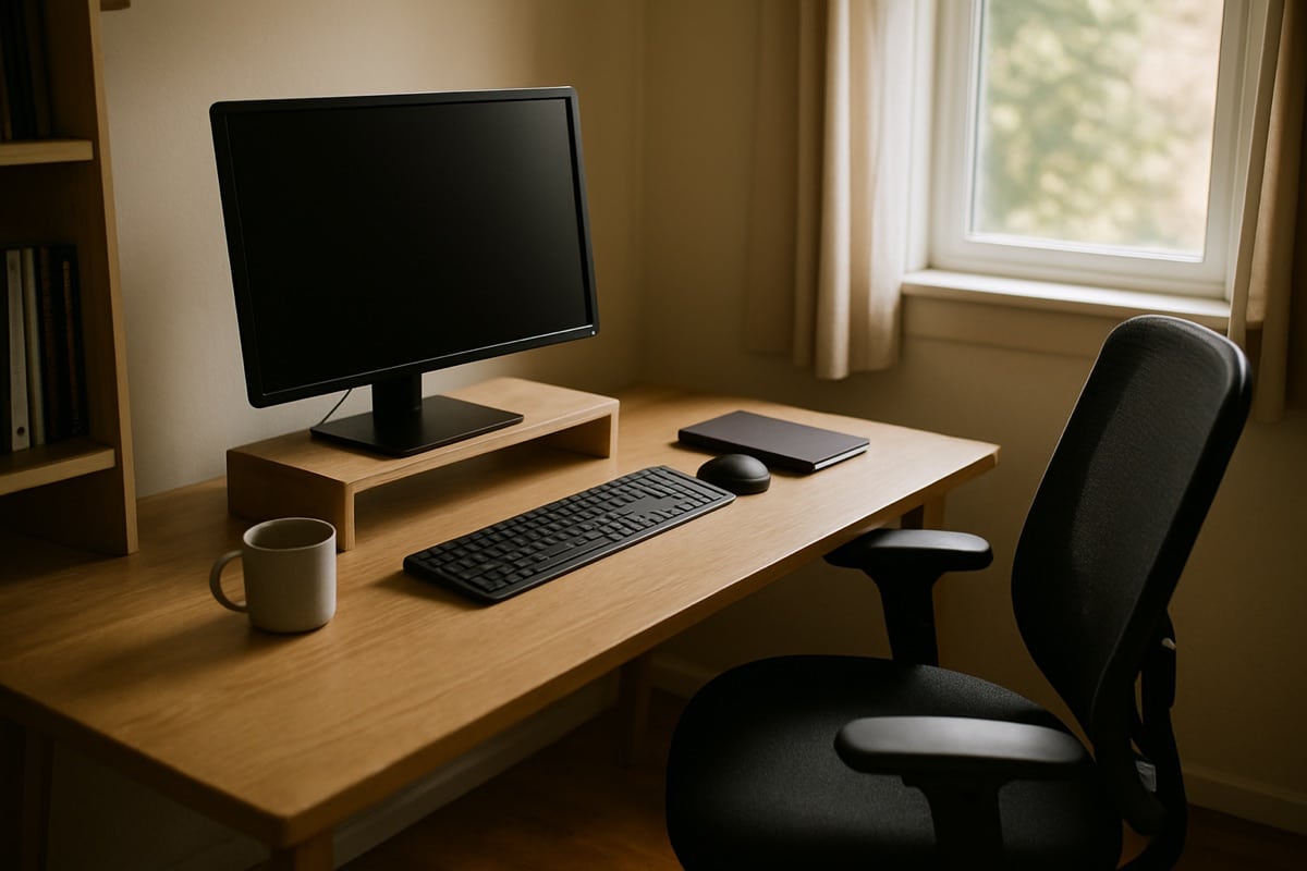 Home office workstation with raised monitor, external keyboard, and adjustable chair