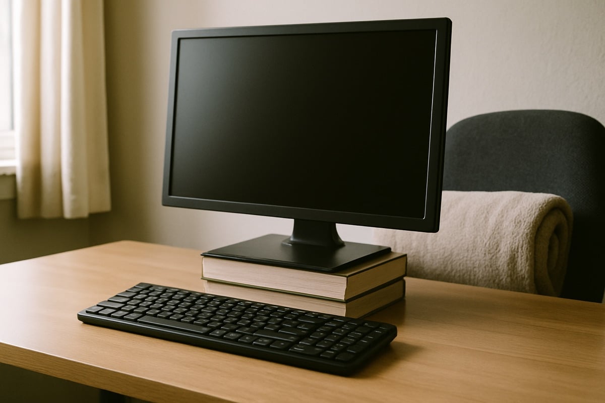 Ergonomic desk with monitor raised on a stand, external keyboard, and adjustable office chair