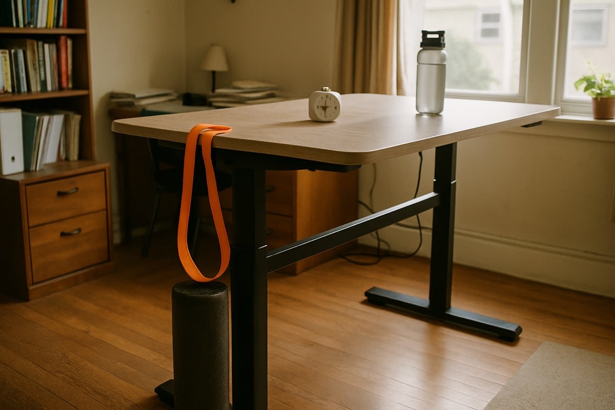 Resistance band and foam roller beside a sit-stand desk in a home office