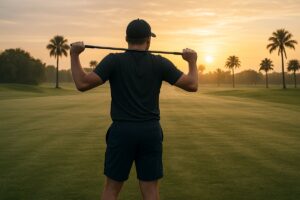 Golf bag standing beside a practice tee on a Southwest Florida course at sunrise