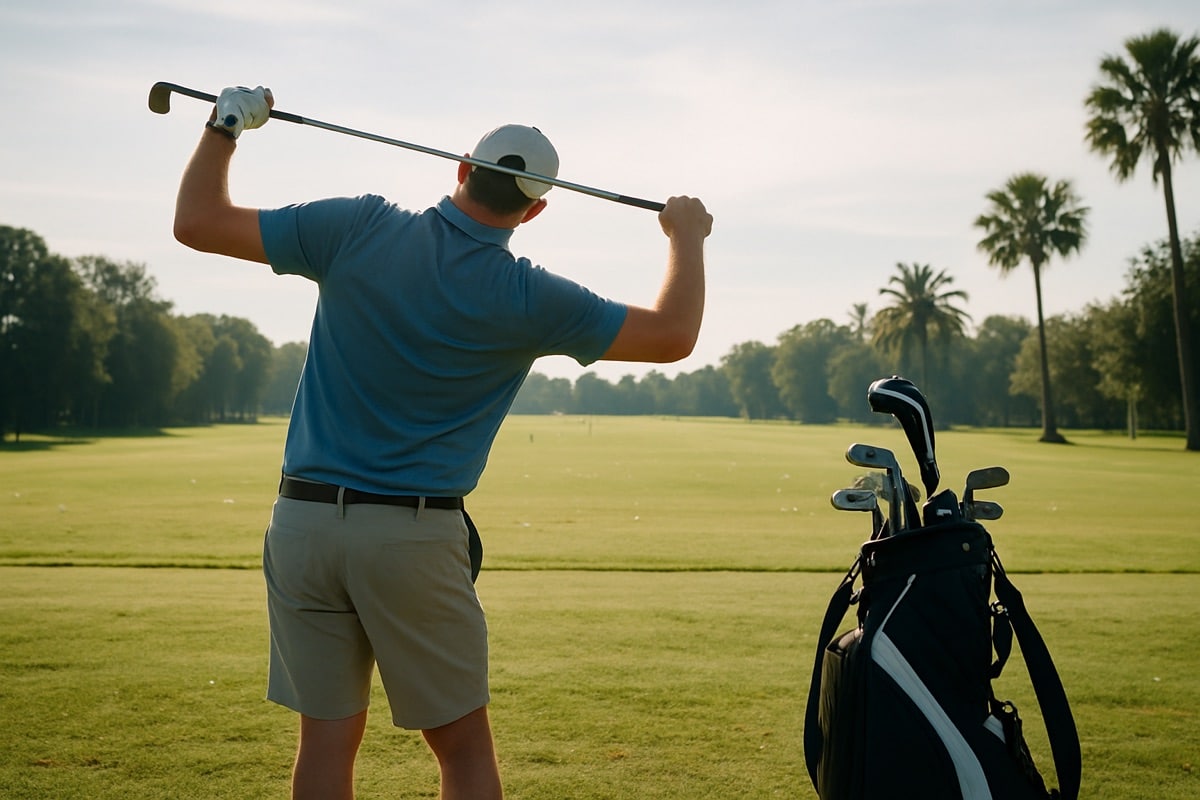 Golf bag and short iron resting beside an open stretching mat near the practice tee