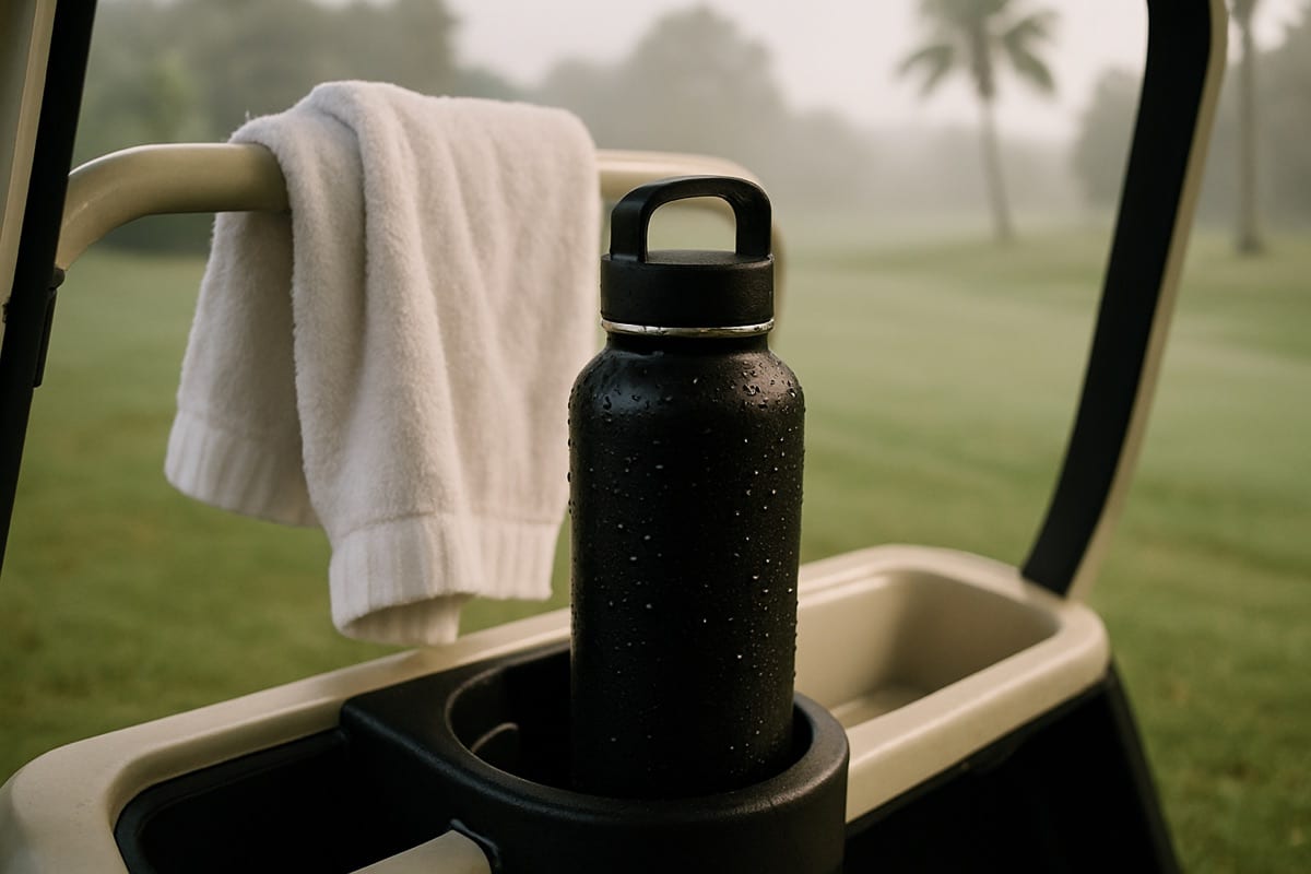 Insulated water bottle and towel in a golf cart cupholder on a humid Florida morning