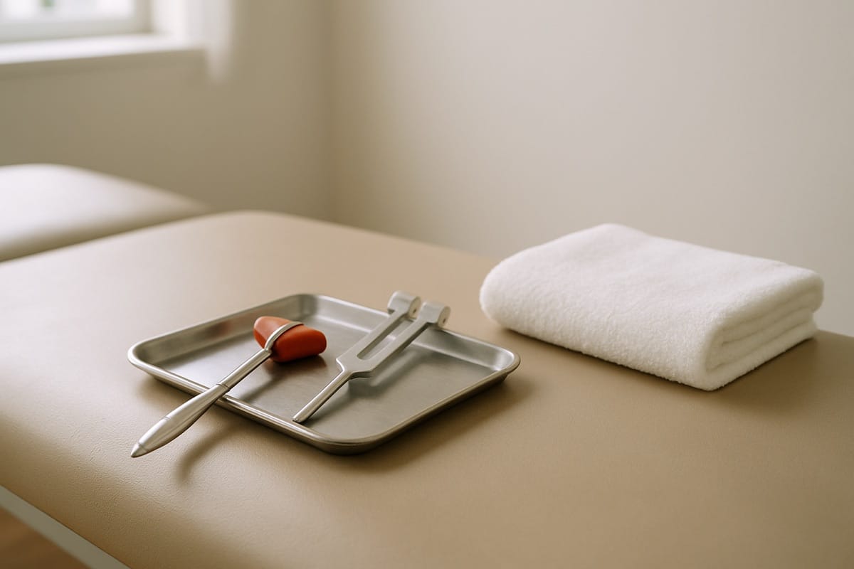 Cervical support pillow and adjustment instrument on a treatment table in a chiropractic exam room