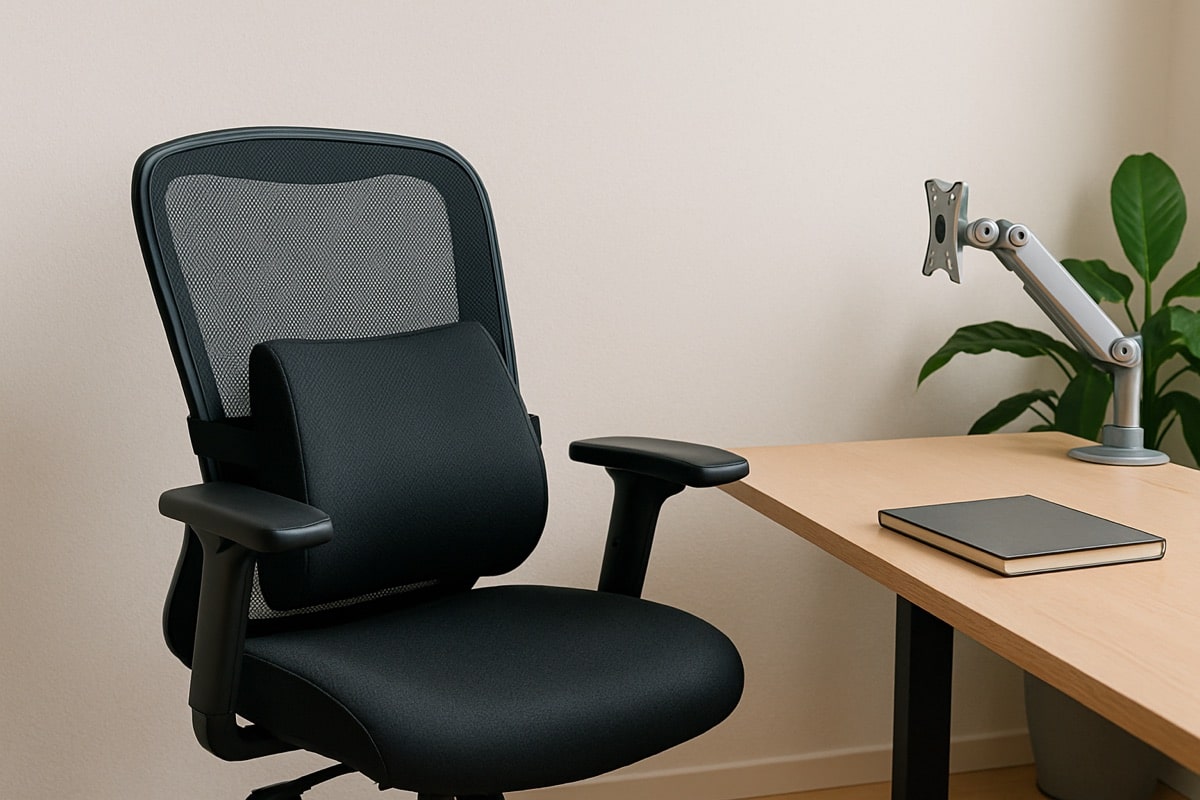 Ergonomic keyboard tray and padded forearm support at a tidy computer workstation