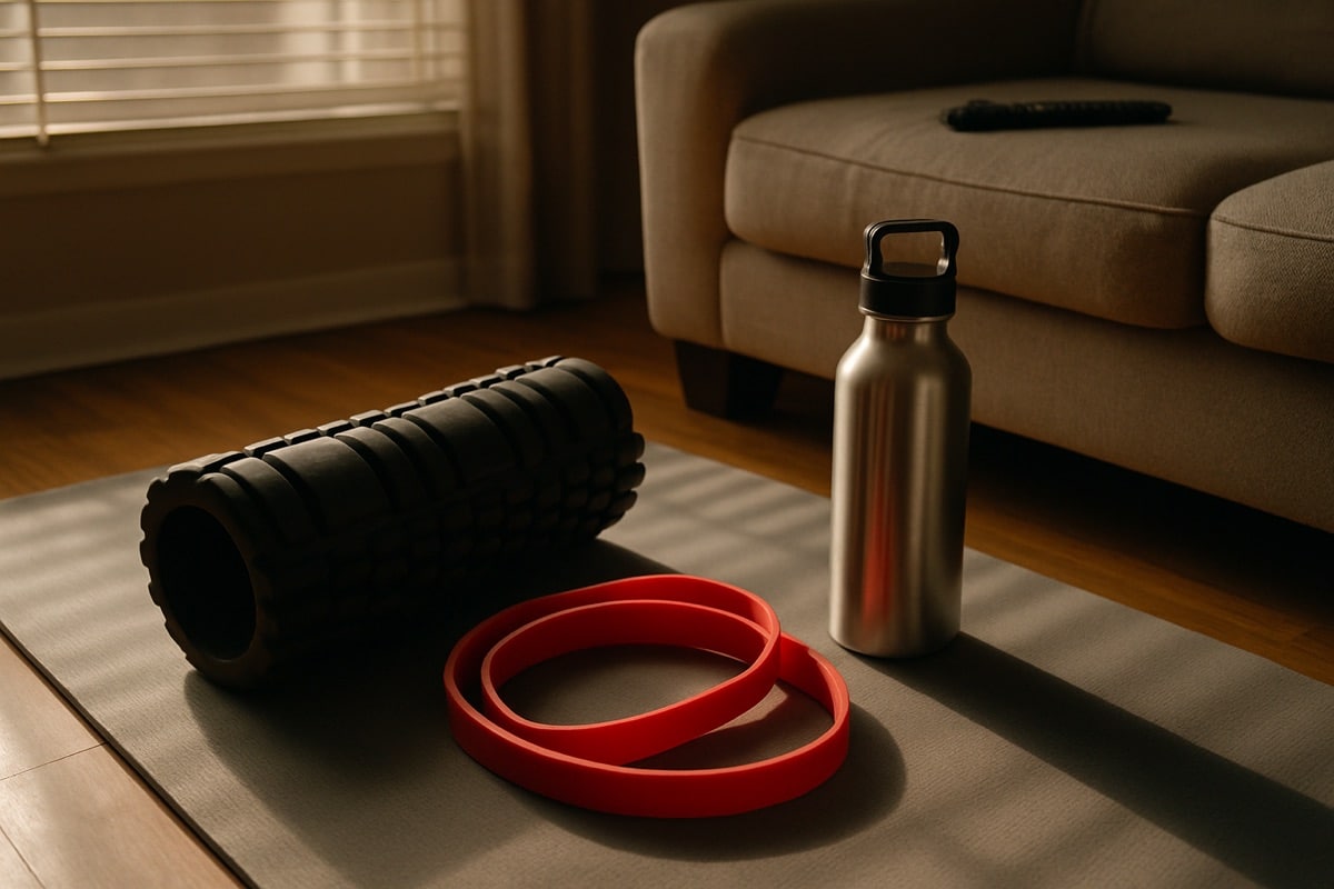 Foam roller, resistance band, and water bottle arranged on an exercise mat