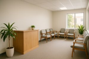 Calm chiropractic clinic reception and waiting area for auto accident care patients