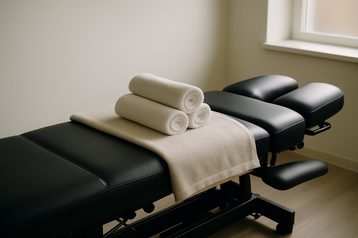 Prepared chiropractic adjustment table with clean towels in a wellness clinic room