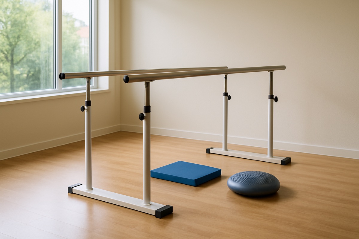 Physical therapy studio with parallel bars and balance pads for senior balance exercises
