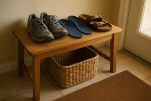 Supportive walking shoes and sandals lined up on an entryway bench with orthotic inserts