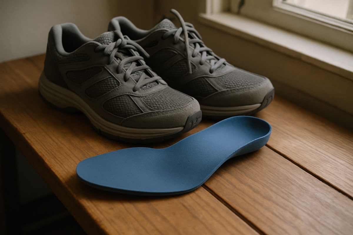 Pair of contoured orthotic inserts displayed beside supportive walking shoes on a wooden bench