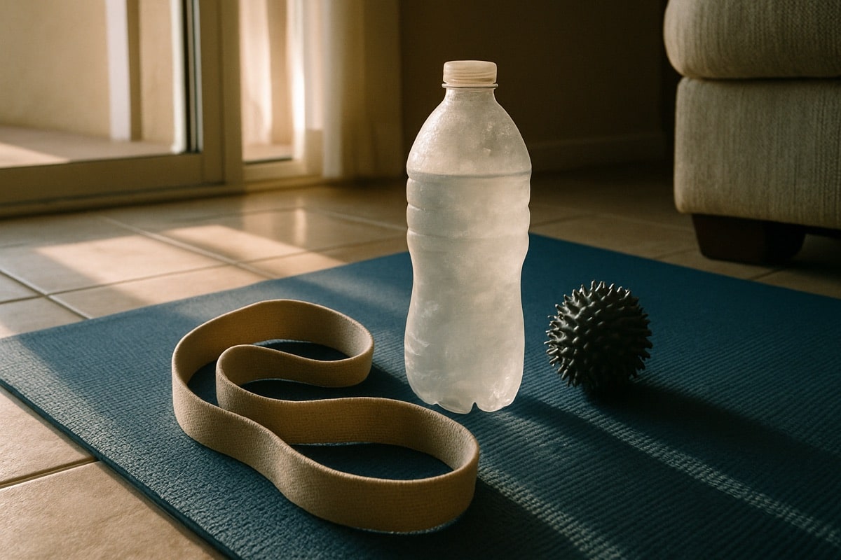 Frozen water bottle, massage ball, and stretching strap arranged on an exercise mat