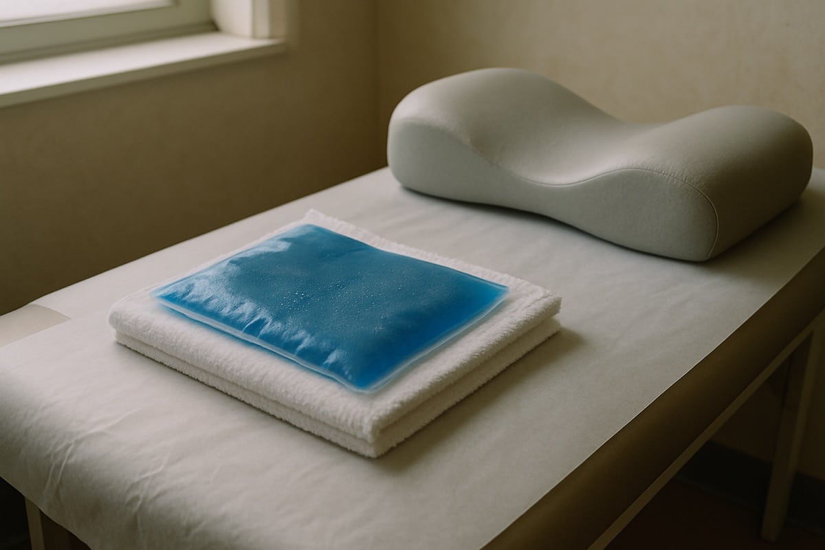 Gel ice pack and contoured support pillow arranged on a clinic treatment table