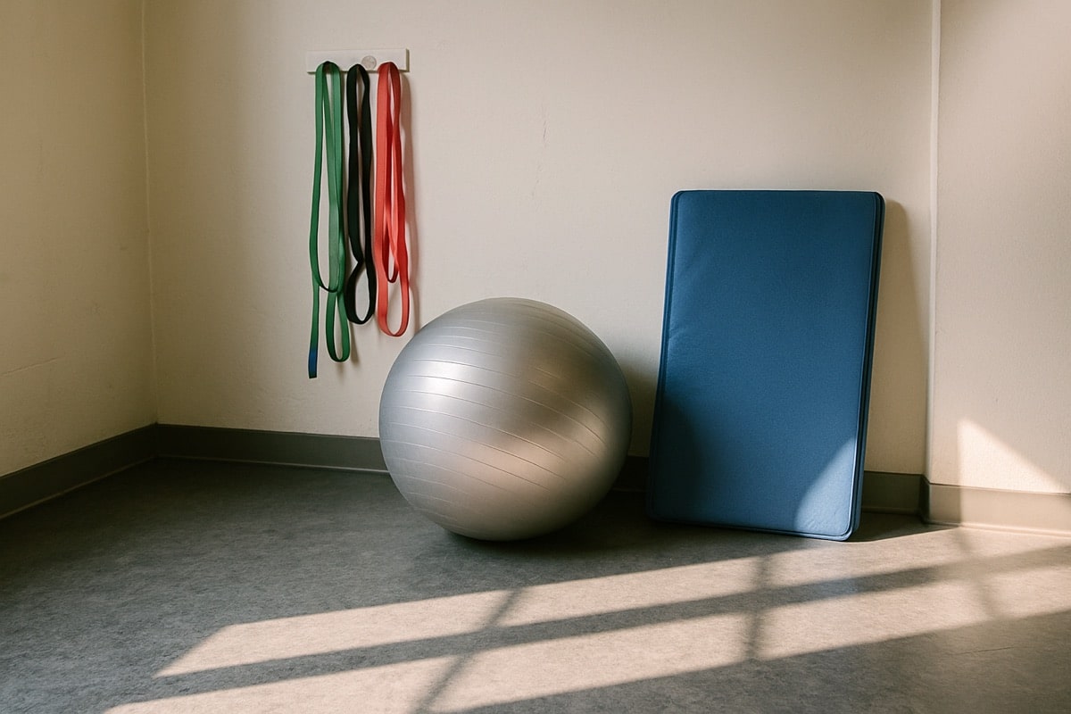 Resistance bands and stability ball in a bright physical therapy rehabilitation area