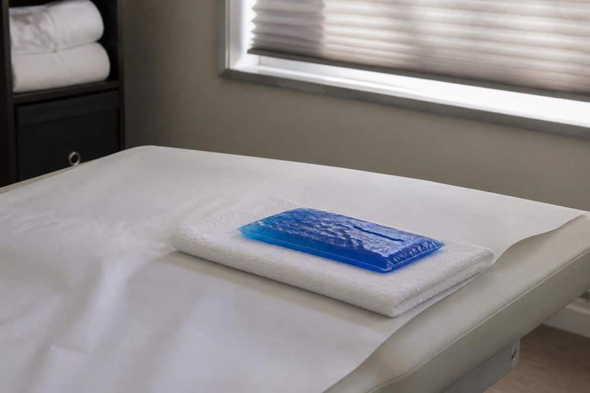 Gel ice pack and folded towel resting on a clinic treatment table